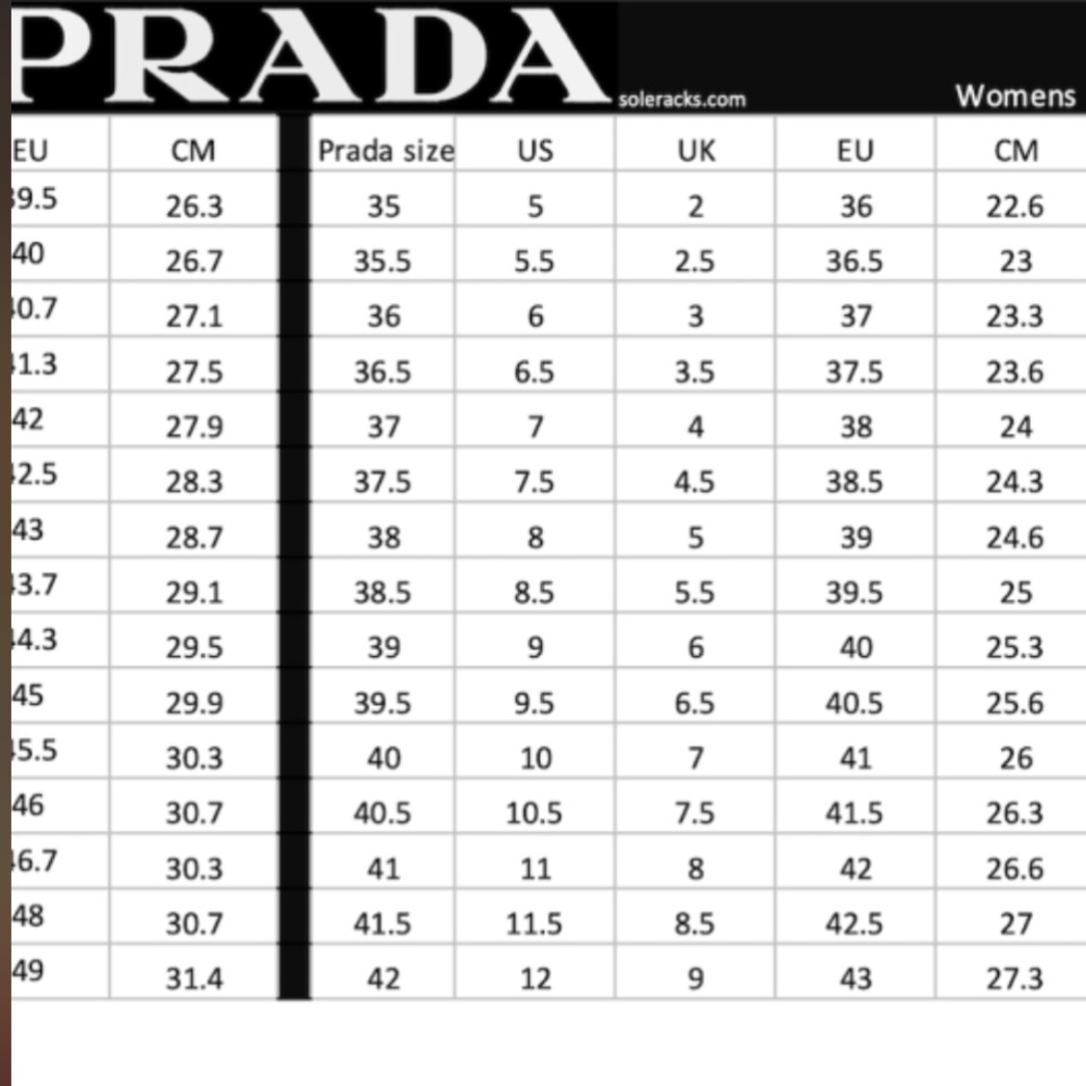 PRADA WOMEN SHOE SIZE CHART